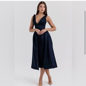 HOUSE OF CB Paloma Navy Satin Midi Dress